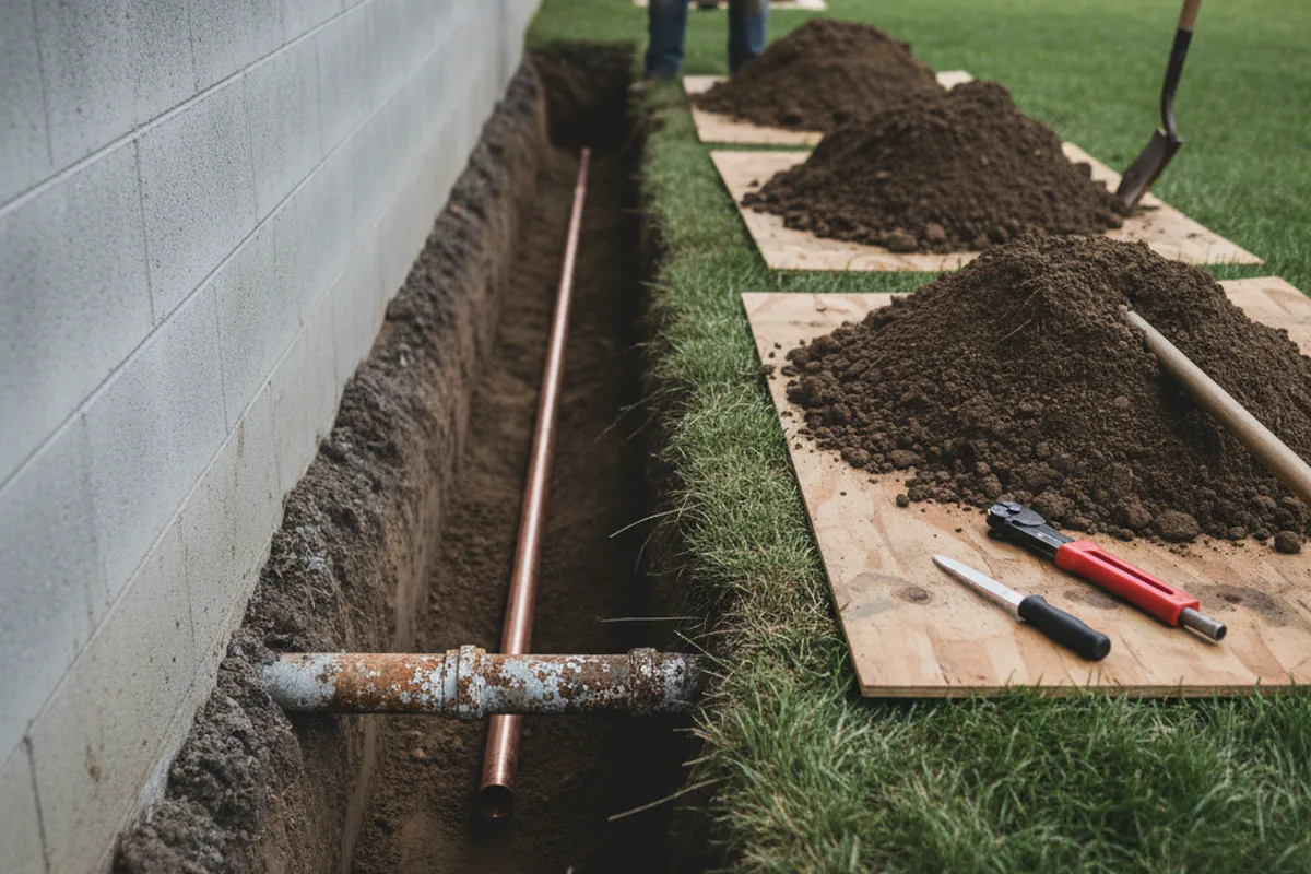 Excavated water line trench during Sewer Line Repair in Jerome
